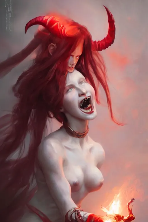 Prompt: Portrait of beautiful pale laughing succubus maiden with nimbus, and devil's horns, red lighting, digital art by Ruan Jia and Mandy Jurgens and Artgerm, highly detailed, trending on artstation, award winning,