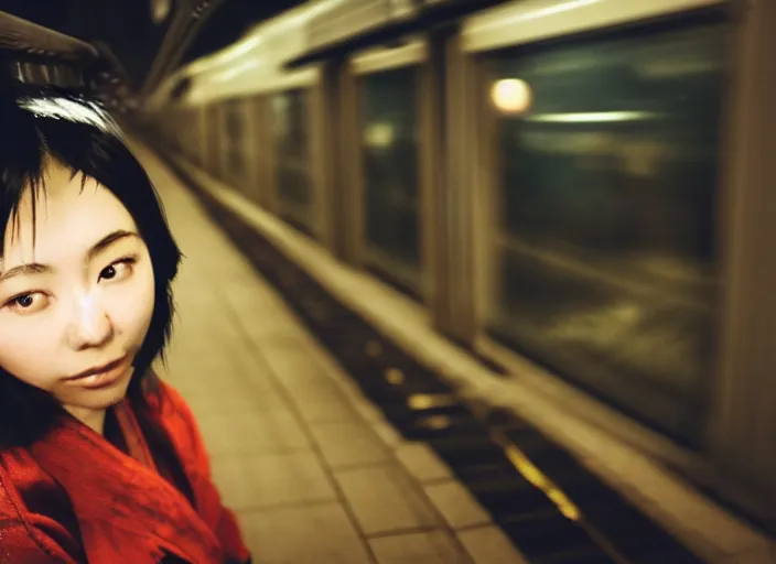 Image similar to photo of a young japanese woman on a train at night