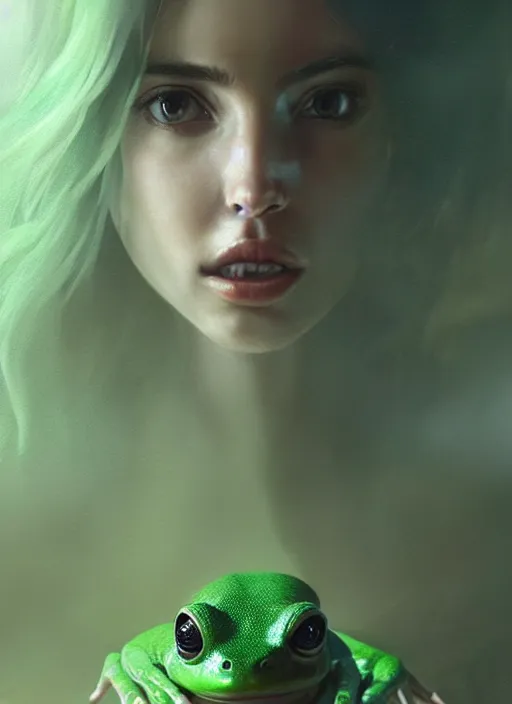 Prompt: hyper realistic portrait of my ethereal waifu cute innocent green slimy alien female froggy lady, played by ana de armas, with adorable uwu eyes painted by greg rutkowski, wlop, 7 0 s scifi