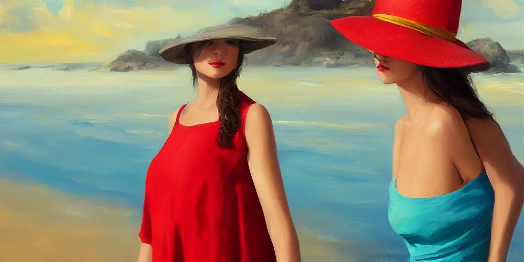 Image similar to beautiful oil matte portrait painting, young woman with red dress and mustard yellow summer hat at a beach on a sunny day, wonderful masterpiece highly detailed, beautiful cinematic light deep focus, elegant, digital painting, smooth, sharp focus, golden ratio, dramatic illumination, ultra realistic, 8 k, art by jimmy law