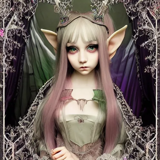 Prompt: Ethereal, mysterious stunning maximalist mesmerizing elven girl with elf ears from the rainbow sky paradise, high-tech, Victorian gothic lolita fashion, by Mark Ryden, artgerm, Hiroyuki-Mitsume Takahashi, WLOP, Goto Fujita, 奈良美智, Pixiv 3DCG, DAZ Studio, highly detailed, photorealistic, 8k resolution 3D, cinematic, dynamic lighting, octane render