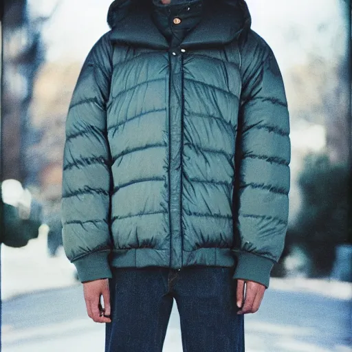 Prompt: realistic! photo of a balenciaga puffer jacket, color film photography, 35mm