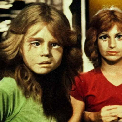 Prompt: still from 1978 live-action children's tv show about a teenage girl who enters an eyeball cult color