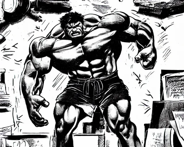 Image similar to The Incredible Hulk as a college student, hunched over a desk as he crams for final exams. Detailed comic book illustration, muscular, angry, frustrated.