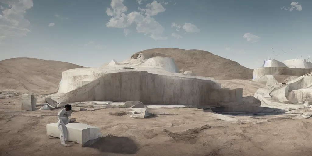 Image similar to perspective view render of a bioremediation white architecture in the mining tailing in the desert, smooth, rossdraws, norman rockwell, emiliano ponzi, epic composition, hd, octane, unreal engine, volumetric lighting, light rays, masterpiece, award - winning