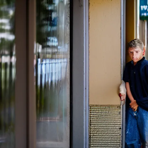 Prompt: A bogan with a mullet haircut waiting for the bus, Canon EOS R3, f/1.4, ISO 200, 1/160s, 8K, RAW, unedited, symmetrical balance, in-frame