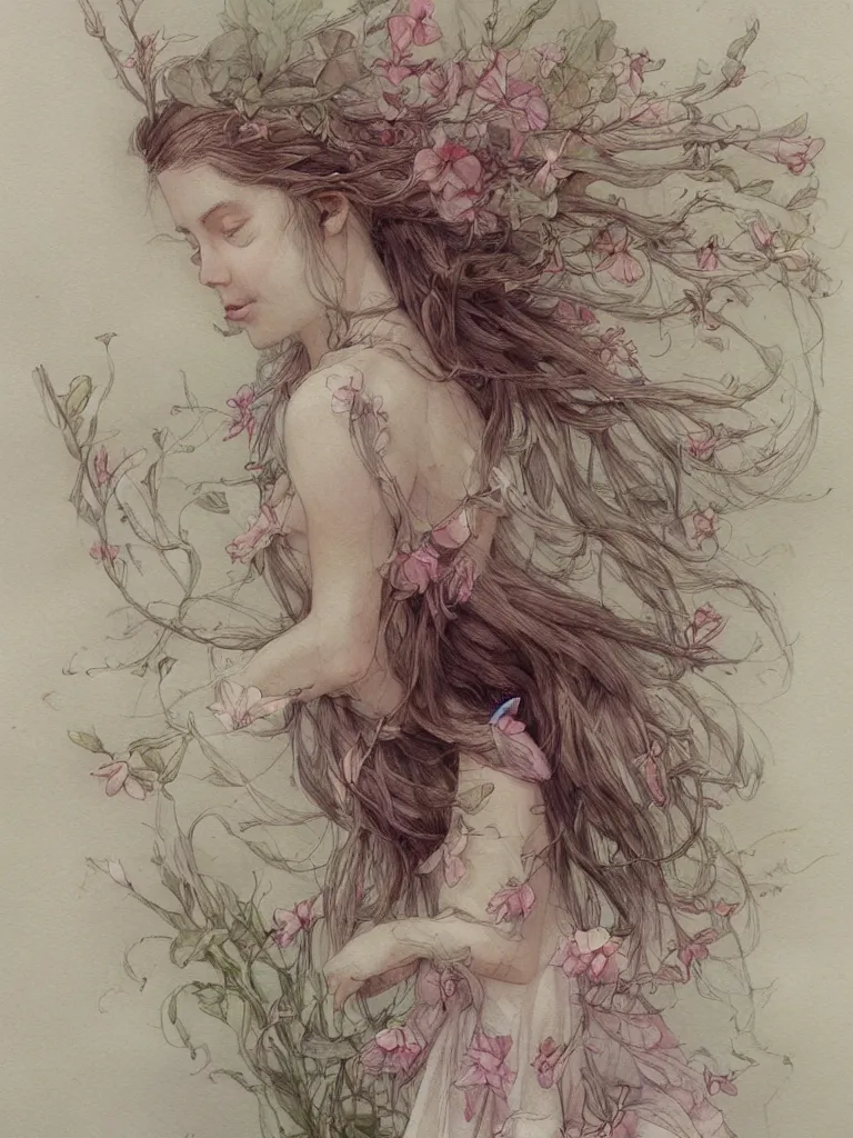 Image similar to study of a flower fairy, illustration, watercolor, alan lee, detailed, pretty, ethereal, realistic, artstation