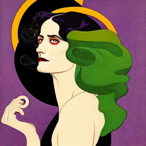 Prompt: Eva Green is Metamorpho, the Element Woman, Art by Coles Phillips and Joshua Middleton, Chalk white skin, deep purple hair, Green eyes, Orange background, Mucha, Portrait of the actress, Eva Green as Metamorpho, carbon black and antique gold