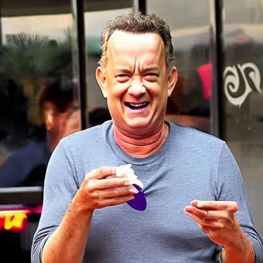 Prompt: Tom Hanks looking extremely happy while eating alone at Taco Bell
