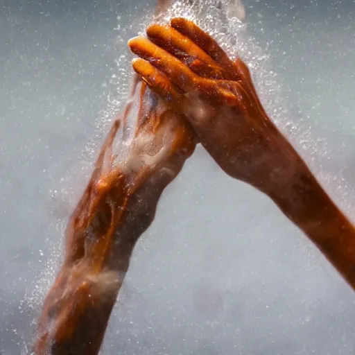 Prompt: a blurry closeup picture of hands around neck, dripping wet, no face, macro photography, long exposure photograph, surrealism, anamorphic bokeh, cozy, soft light, cyan and orange, caustic, atmospheric fog, octane render, cinematic