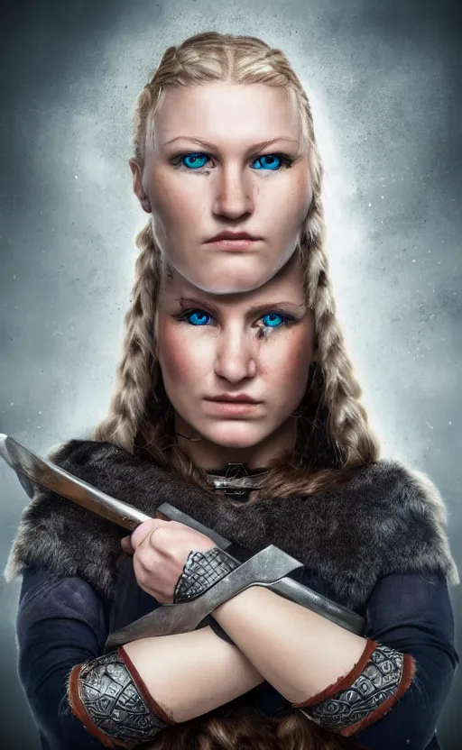 Prompt: photorealistic portrait of female viking warrior with black hair and bloody nose, blue eyes, porcelain skin, shoulders, determined