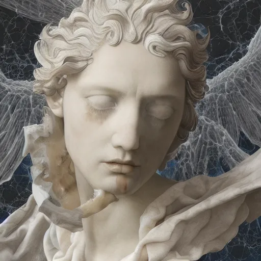 Image similar to realistic digital painting of a stunning intricate cracked white marble falling angel with face of piero angela bernini sculpture, trailing white vapor, mycelium stands and misty xparticles neutral tone background, trending on artstation, hyperrealism, matte painting, subsurface scattering