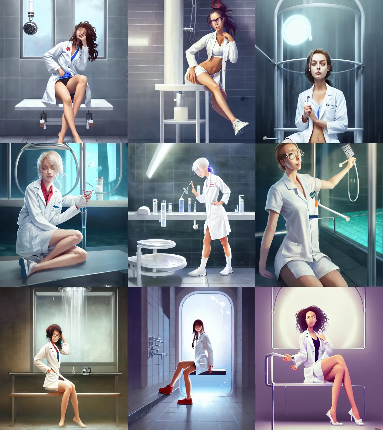 Prompt: attractive scientist girl in the labcoat, sitting at the bench in the pool shower, hourglass slim figure, juicy legs, white lab coat, sport bra and shorts, visible stomach, thigh focus, seductive smile, details, sharp focus, illustration, by Jordan Grimmer and greg rutkowski, Trending artstation, pixiv, digital Art