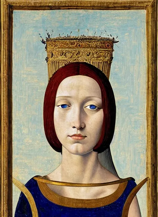 Image similar to portrait of young woman in medieval dress and medieval headdress, blue eyes and blond hair, style by piero della francesca