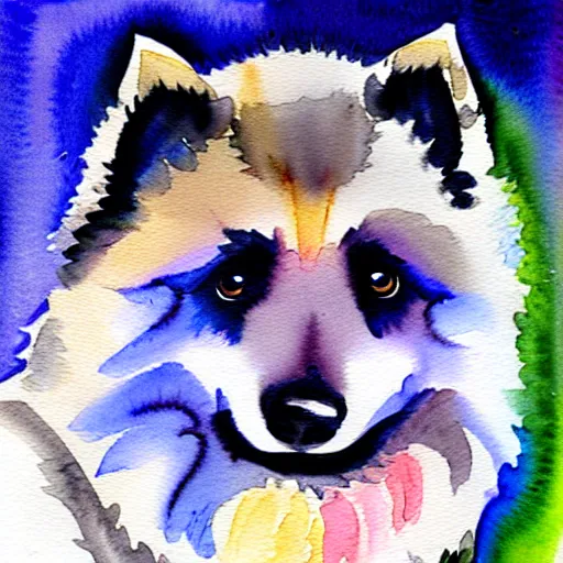 Prompt: a keeshond puppy watercolor painting by monge