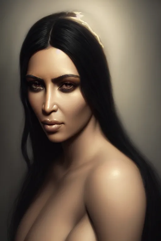 Prompt: a demonic horrific portrait of kim kardashian, white eyes, bored, illustration, soft lighting, soft details, painting oil on canvas by edmund blair leighton and charlie bowater octane render, hdr, trending on artstation, 4 k, 8 k, hd