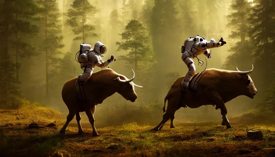 Image similar to american astronaut in the forest riding a bull, objects well lit, plants environment, wide angle, cinematic lighting, atmospheric, realistic, octane render, highly detailed, color graded, in the style of craig mullins