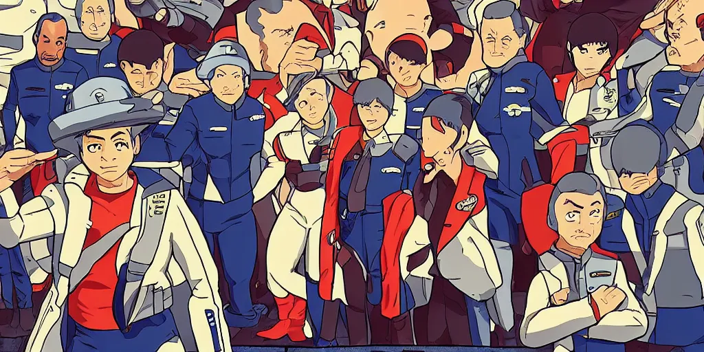 Image similar to Crew of The Orville in the style of Star Blazers, anime, Leiji Matsumoto