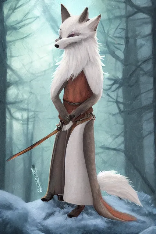 Prompt: an anthropomorphic medieval snow fox with a fluffy tail in the forest, trending on artstation, trending on furaffinity, digital art, by kawacy, anime, furry art, warm light, backlighting