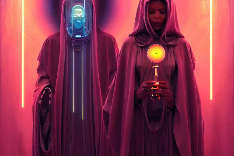 Image similar to patron saint 👩🏾 praying with machine, futuristic long robes clothing, worm hole, neon god of city character portrait, in the style of moebius, wlop, tom bagshaw, and waterhouse, cinematic lighting, beautiful, elegant, oil painting,