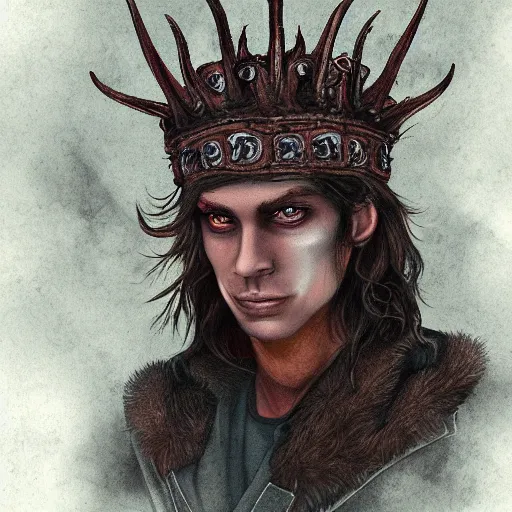 Image similar to demonic portrait of a handsome gorgeous satanic dirty brown haired hippie that looks like cody fern with a straw jawline with long hair past his chest and blue eyes as the human prince of satan and lucifer, wearing a demonic giger royal crown, artstation