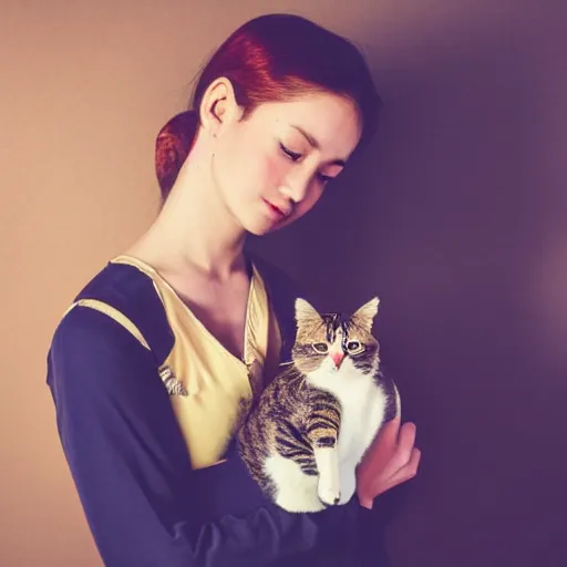 Prompt: a woman holding a cat in her arms, a renaissance painting by sailor moon, pexels contest winner, rasquache, booru, high quality photo, rtx