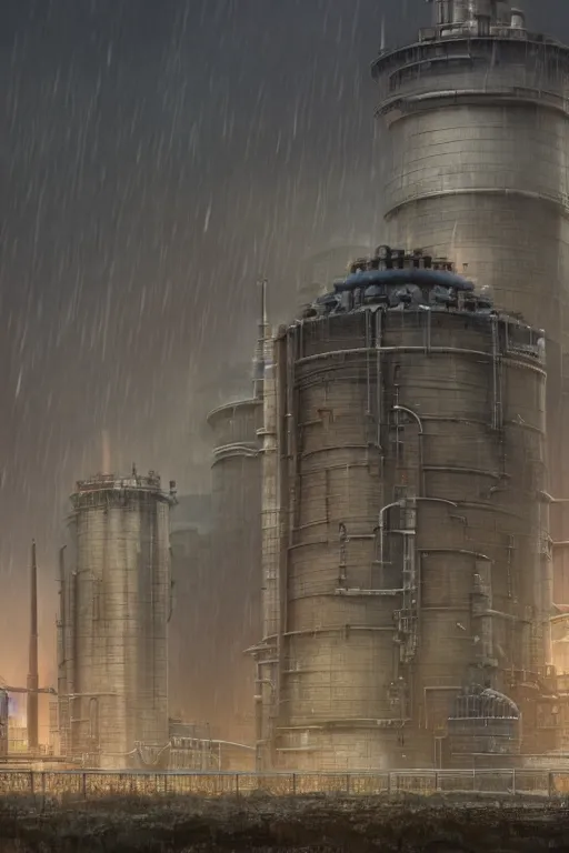 Image similar to a highly detailed matte painting of a soviet steampunk nuclear power station in lightning storm and heavy rain by studio ghibli, makoto shinkai, by artgerm, by wlop, by greg rutkowski, volumetric lighting, octane render, 4 k resolution, trending on artstation, masterpiece