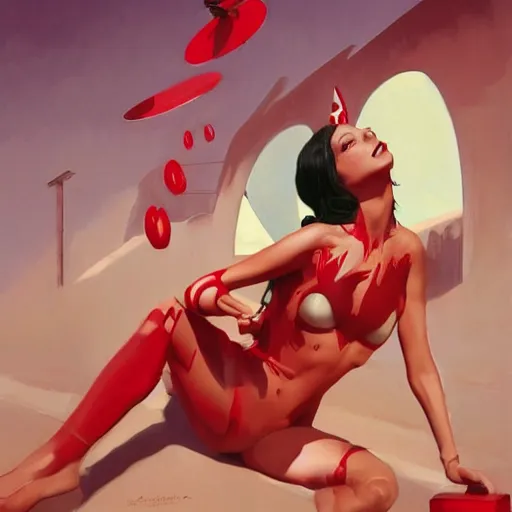 Prompt: one peace - character nico robin in a red bikini, artwork by sergey kolesov, medium shot, asymmetrical, organic painting, sunny day, matte painting, bold shapes, hard edges, street art, trending on artstation, by huang guangjian and gil elvgren and sachin teng