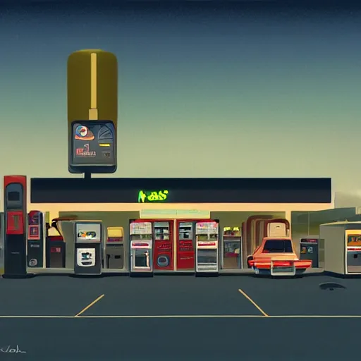 Image similar to a matte painting of a gas station at night by james gilleard, emiliano ponzi, george ault, bauhaus, retrofuturism, concept art, matte background, matte drawing