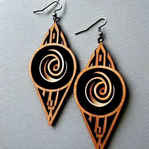 Image similar to 2 d wood lasercut earrings, mystical symbols, 8 k, hd, trending on amazon on artstation, trending on deviantart, trending on etsy, epic digital art