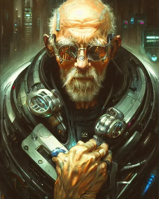 Image similar to a detailed portrait of cyberpunk old man by Greg Staples and Peter Mohrbacher