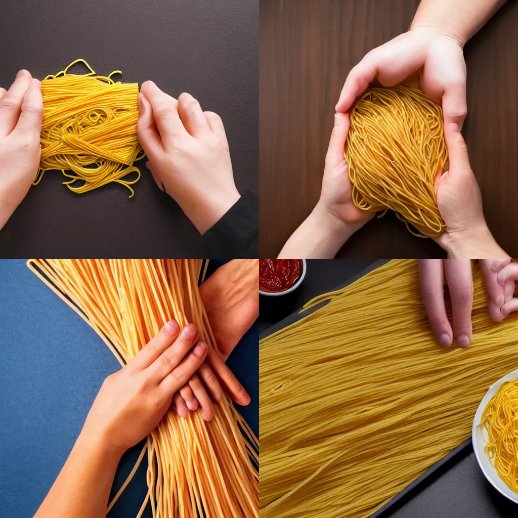 Prompt: a hand with all fingers spread made of spaghetti, 4k