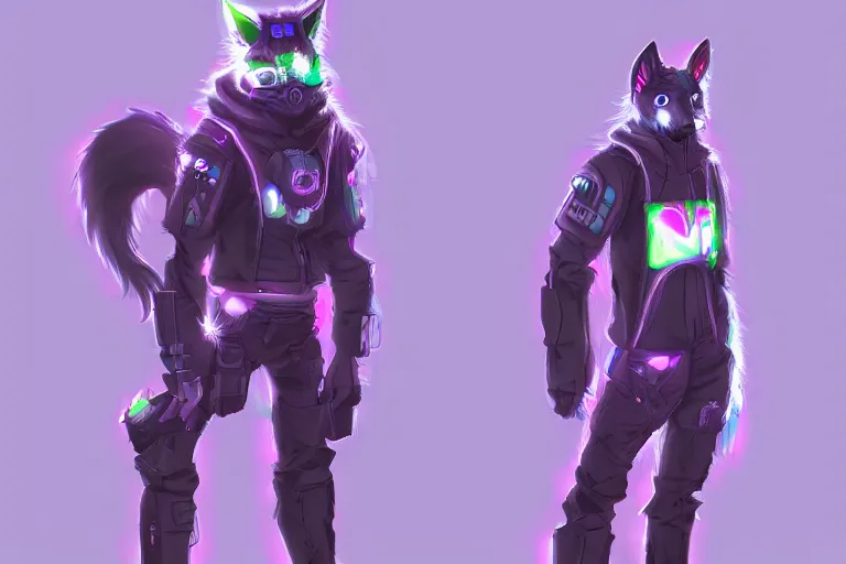 Image similar to a cyberpunk anthropomorphic wolf with a fluffy tail, comic art, trending on furaffinity, cartoon, kawaii, backlighting, furry art!!!, neon, concept art