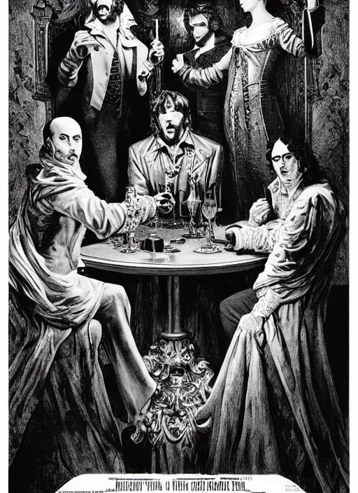 Prompt: old movie poster from 8 0 - s with three vampires from < < what we do in the shadows > > sitting around a table, baroque style art by gustave dore, gray lights in the background, dramatic light