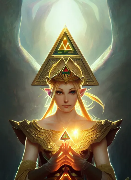 Image similar to zelda with triforce, fantasy, intricate, elegant, highly detailed, digital painting, artstation, concept art, wallpaper, smooth, sharp focus, illustration, art by artgerm and greg rutkowski and alphonse mucha and wlop