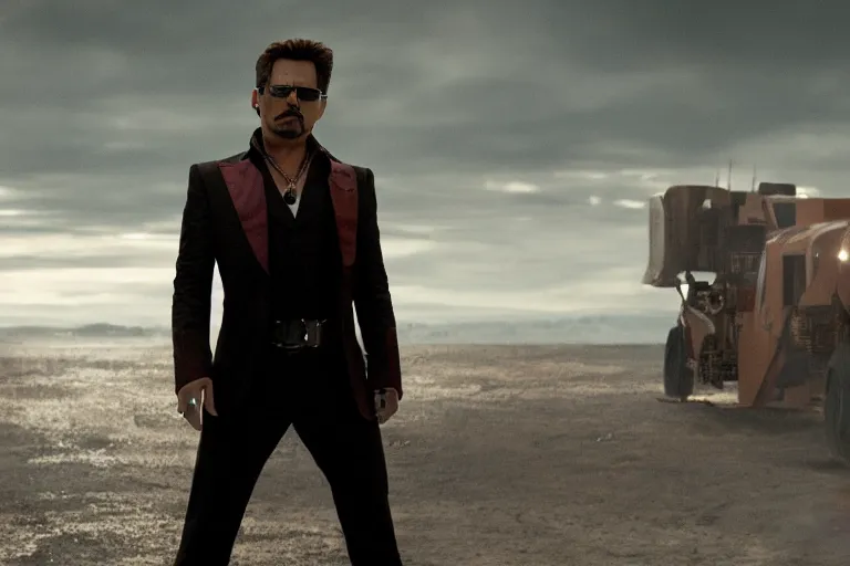 Image similar to film still of Johnny Depp as Tony Stark in new avengers movie, 4k