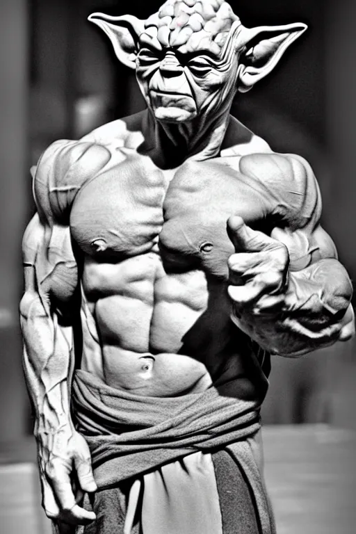 Image similar to Master Yoda is a jacked muscle builder gigachad, grayscale photography