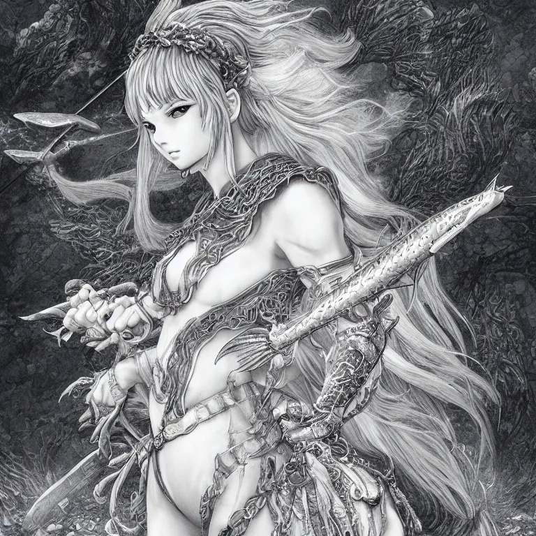 Prompt: young river goddess, realistic proportions, sharp focus, beautiful face, in goldfish armor, wielding a fish sword, symmetrical, highly detailed, engraving kentaro miura manga art style trending on artstation 8 k