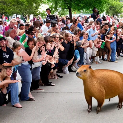 Prompt: Crowd gathers around a capybara doing Chicago footwork dancing, HD photograph, award-winning