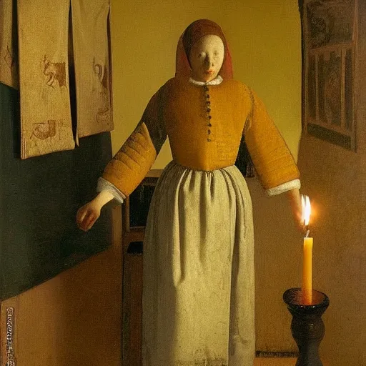 Prompt: Painting of a horse wearing peasant clothing, holding a lit candle in the dimly lit room, by Johannes Vermeer