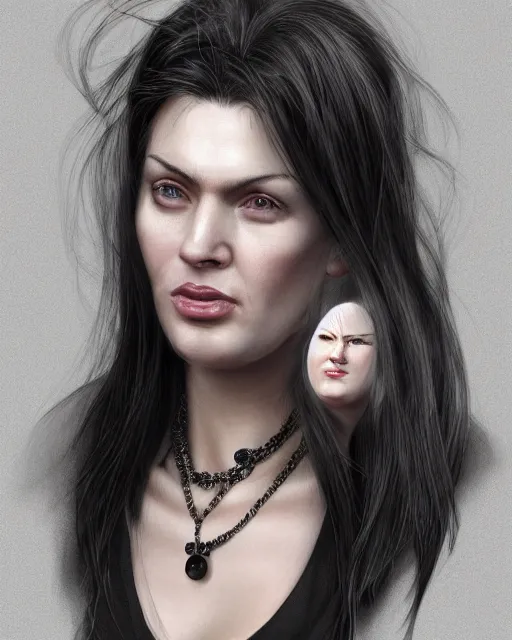 Image similar to portrait of a tall 4 0 - year - old woman with thin lips, heavy - lidded eyes, a strong jaw and long, thick shining black hair, thick eyebrows and long eyelashes, wearing in black clothes, hyper realistic face, beautiful eyes, character art, art by mark brooks, hyperdetailed, cryengine, trending on artstation, digital art