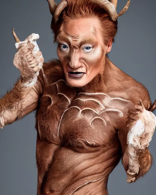 Prompt: actor Conan O’Brien in Elaborate Pan Satyr Goat Man Makeup and prosthetics designed by Rick Baker, Hyperreal, photos in the style of Annie Leibovitz