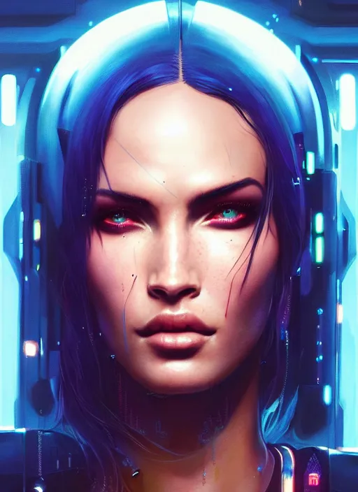 Image similar to portrait of cyberpunk 2 0 7 7 megan fox, intricate, elegant, glowing lights, highly detailed, digital painting, artstation, glamor pose, concept art, smooth, sharp focus, illustration, art by artgerm and greg rutkowski, artey freytag