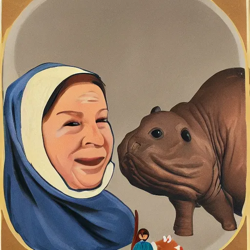 Prompt: portrait of a babushka with pet miniature hippopotamus