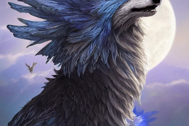 Image similar to Blue feathered wolf with wings on a beautiful fantasy landscape, hills, mountains, moonlit, HD, illustration, epic, D&D, fantasy, intricate, elegant, highly detailed, digital painting, artstation, concept art, smooth, sharp focus, illustration, art by artgerm and greg rutkowski and alphonse mucha and jin xiaodi and anthony devine and yigit korogly