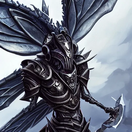 Image similar to portrait of humanoid mosquito resembling a knight in black monstrous armor with two dragonfly wings, league of legends splash art, hearthstone splash art, full body shot, rule of thirds, ultrafine hyperrealistic detailed face, artgerm, greg rutkowski, trending on artstation, 8 k, intricately detailed, highly detailed