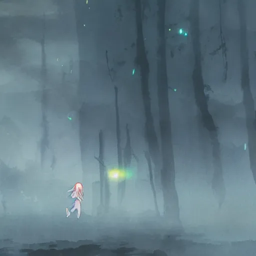 Prompt: anime, incredible wide screenshot, ultrawide, simple watercolor, rough paper texture, ghost in the shell movie scene, girl in a dress running through the beautiful forest city, outdoors, fireflies bleached ground, mud, fog, dust