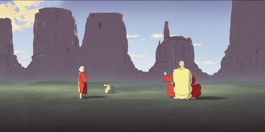 Image similar to a realistic cell - shaded studio ghibli concept art from paprika ( 2 0 0 6 ) of a monk meditating and a small mammoth from close encounters of the third kind ( 1 9 7 7 ) in a flooded monument valley stonehenge. very dull colors, wide shot, hd, 4 k, hq