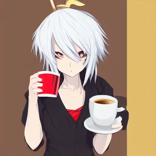 Image similar to white hair, red eyes, two small horn on the head, anime style, anime girl holding a cup of coffee