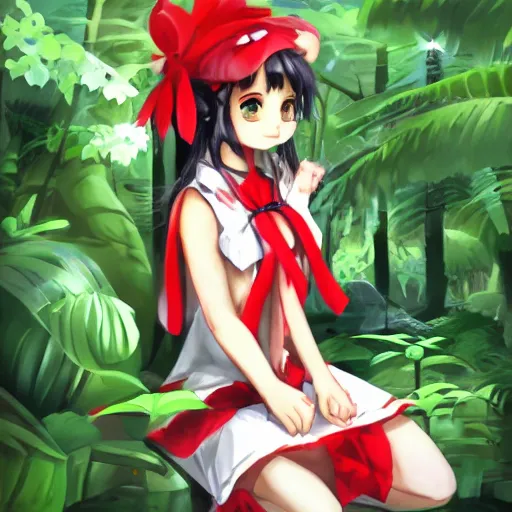 Prompt: a artstation of reimu in the jungle wearing bonnet